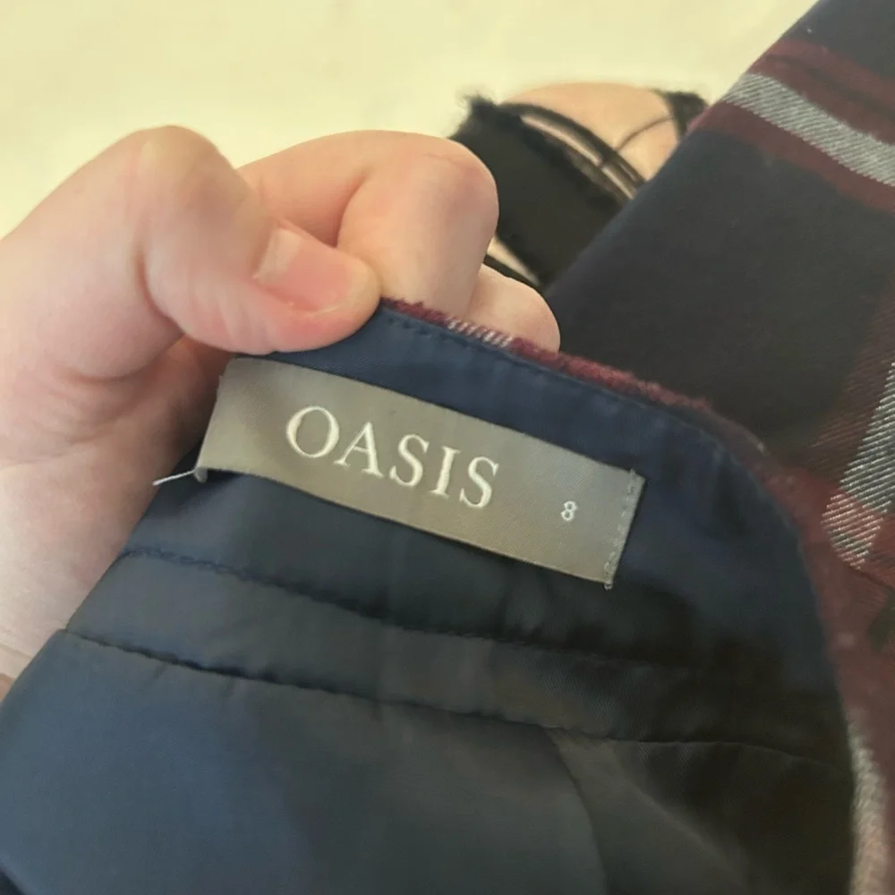 Oasis red blue white plaid mini skirt ruffled hem